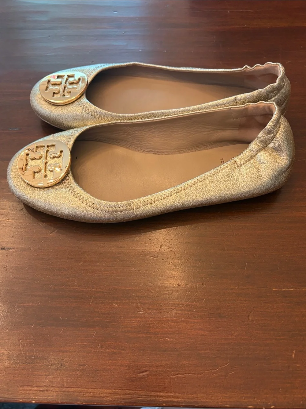 Tory Burch Metallic Gold Logo Ballet Flats